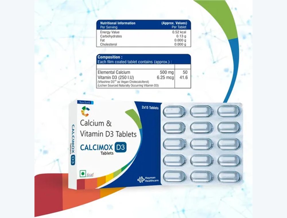 Calcium + Vitamin D3 500 mg + 250 IU real medicine product photograph, view 1